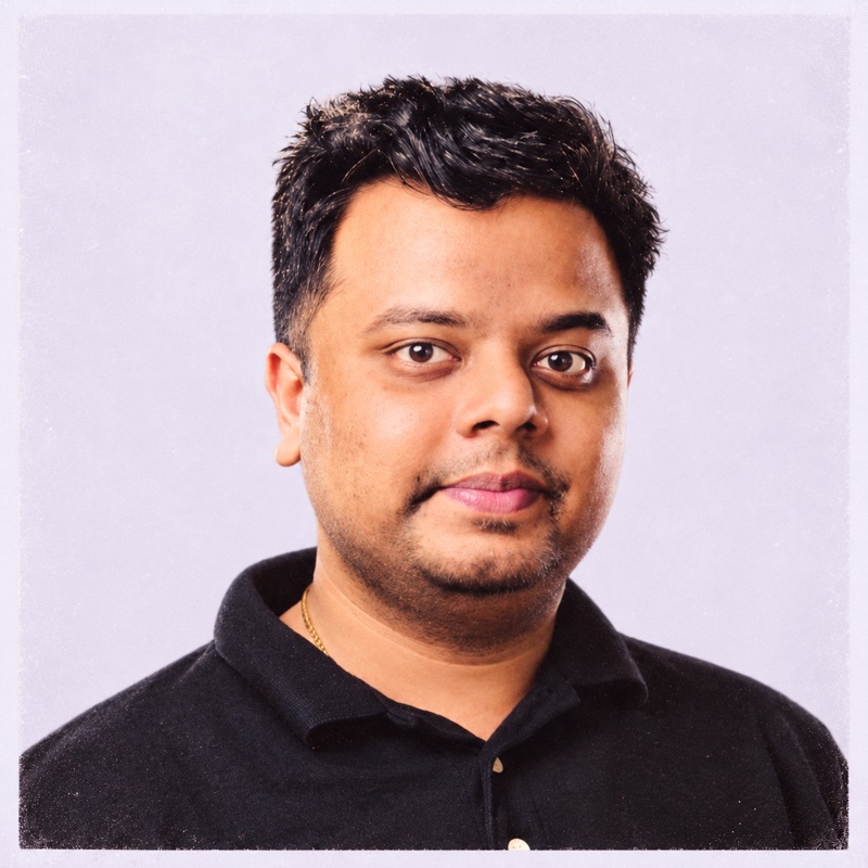 Retro-style portrait of Sabyasachi Beuria against a light lavender background